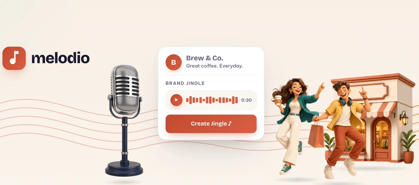 Melodio Business hero scene: the Melodio logo, a retro microphone, a Brew and Co jingle player card, and dancing customers by a storefront connected by one sound wave