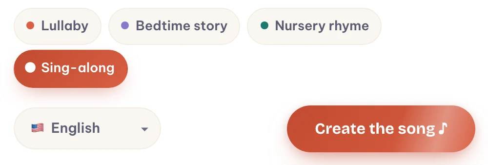 Melodio Kids style chips — Lullaby, Bedtime story, Nursery rhyme, Sing-along — with the language selector set to English