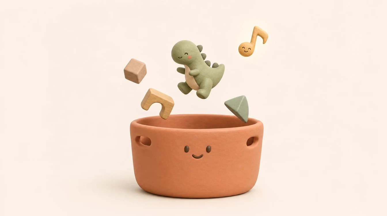 A cheerful clay-style toy bin in cream and terracotta with wooden blocks hopping in by themselves while a smiling music note conducts them