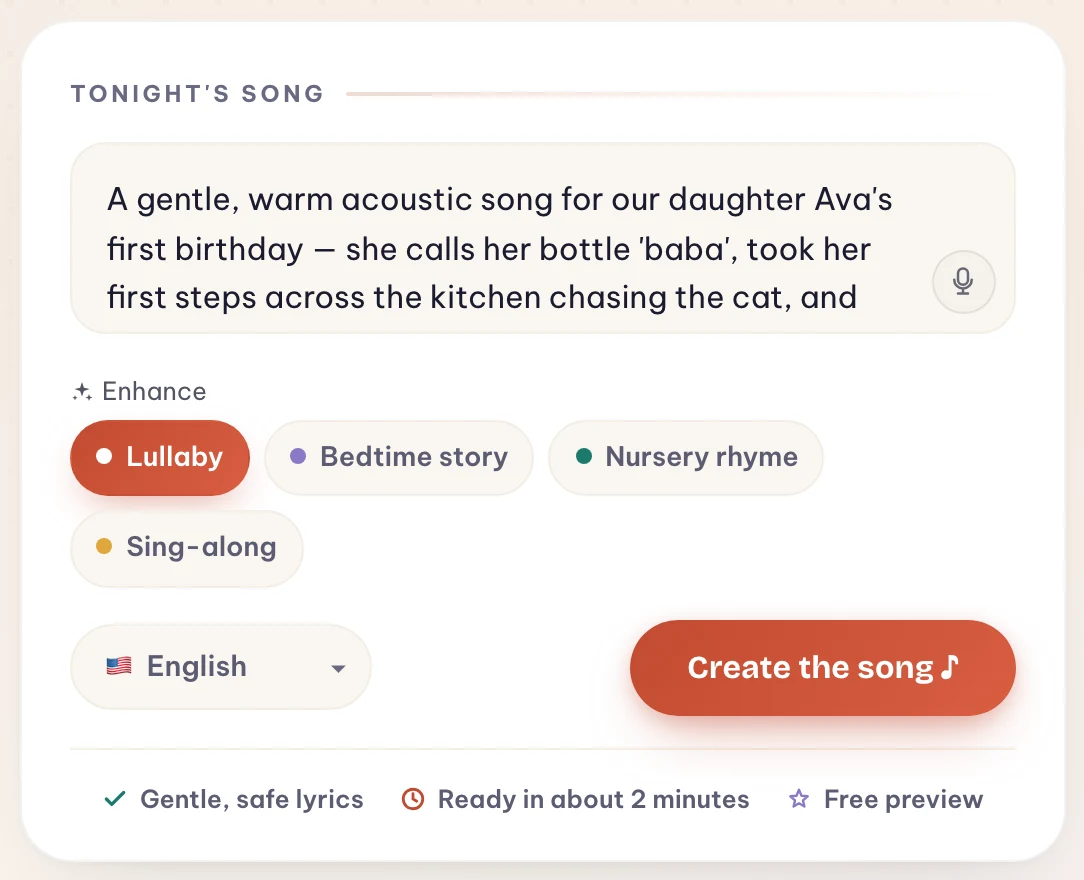 The Melodio Kids page with a first birthday song description for Ava — 'baba', first steps in the kitchen — typed into the box