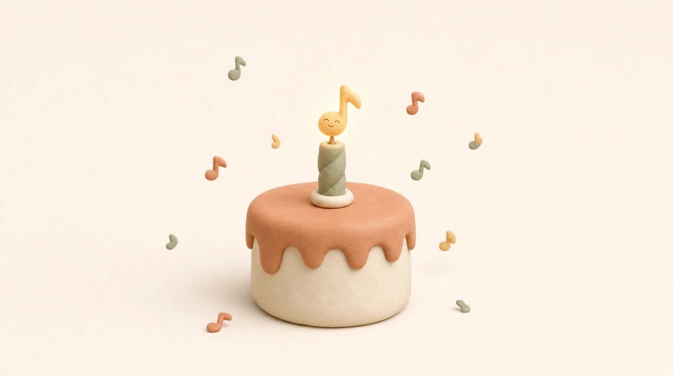 A warm 3D toy-style birthday cake with one candle whose flame is a small golden music note, confetti drifting down as tiny cream and terracotta notes