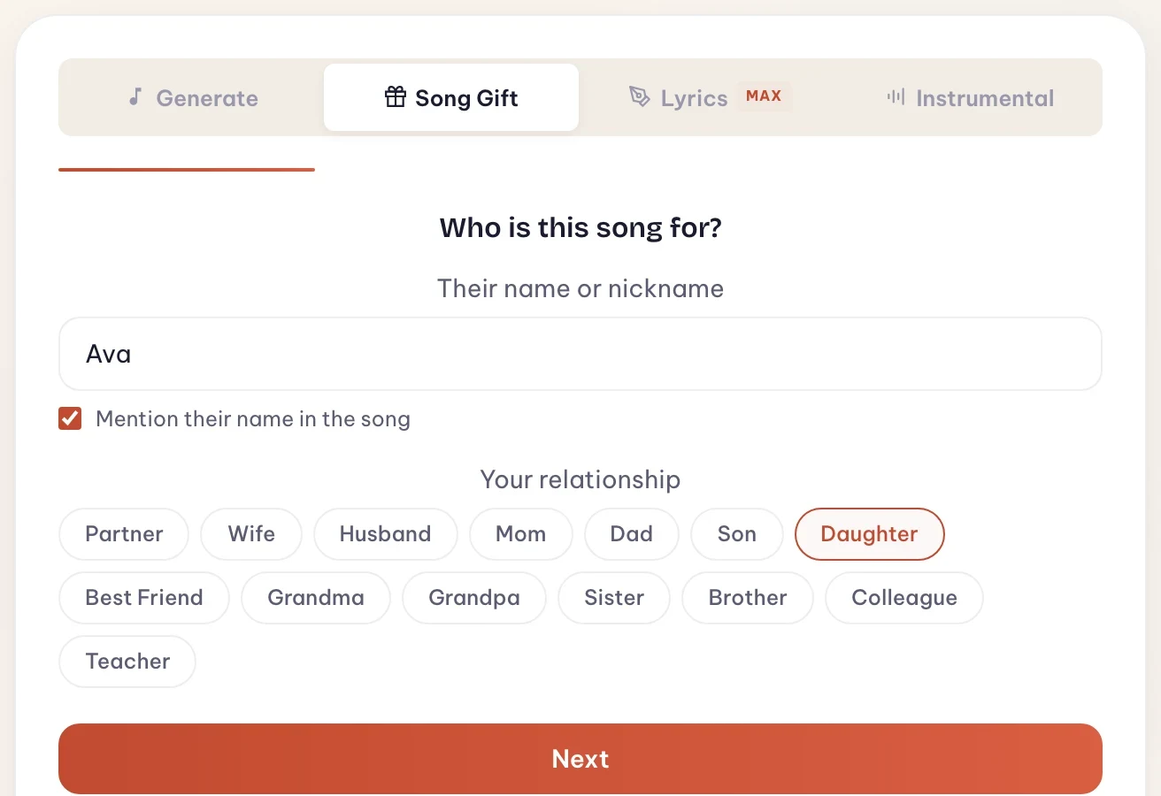 Melodio's Song Gift wizard asking who the song is for, with the name Ava entered and the relationship Daughter selected