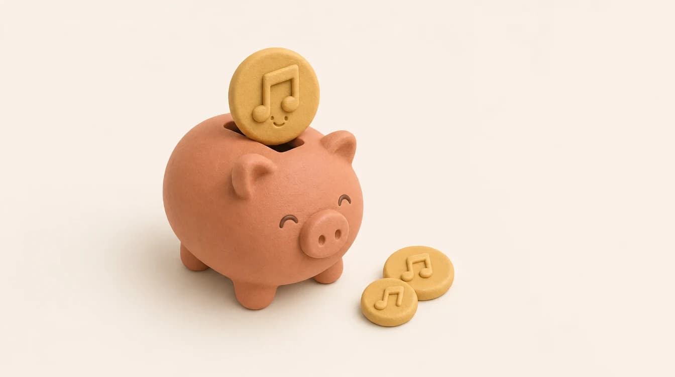 A smiling clay piggy bank with a golden music-note coin dropping into the slot, in warm cream and terracotta tones