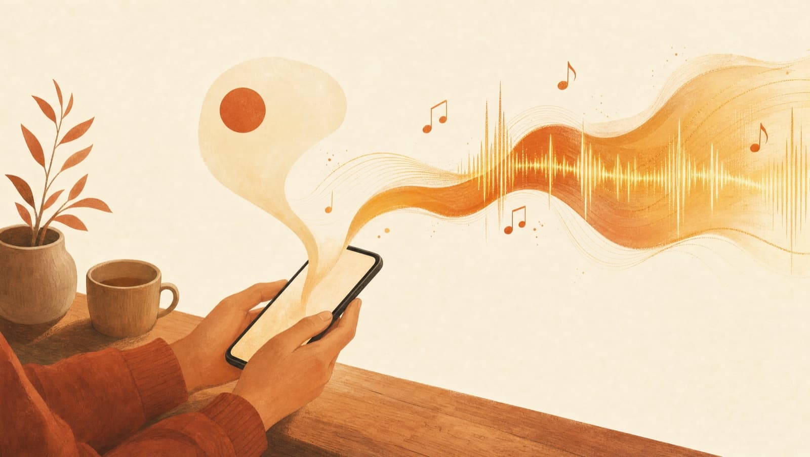 An idea typed on a phone turning into glowing sound waves
