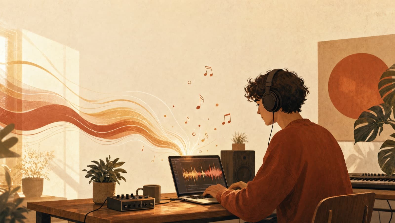 A person at a cozy desk wearing headphones as a song takes shape from their laptop