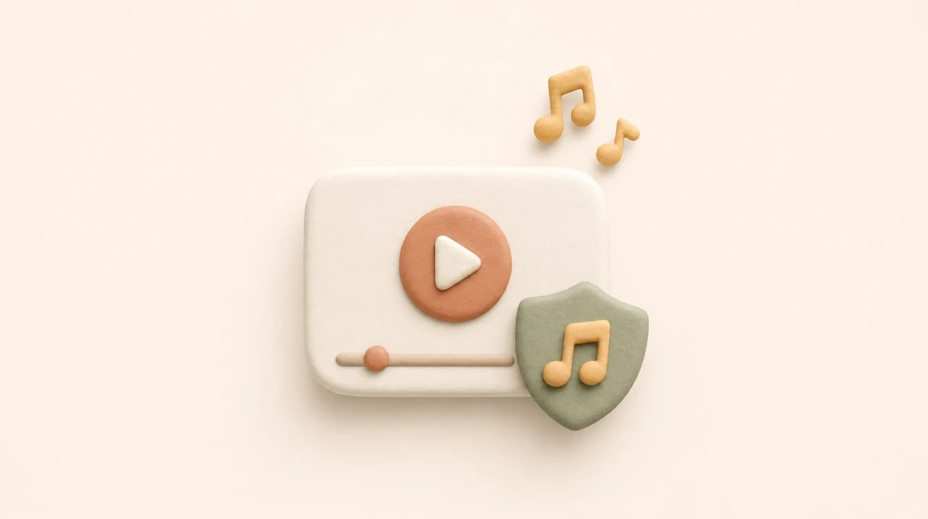 A rounded clay play-button badge with a small shield and golden music notes, in warm cream and terracotta tones