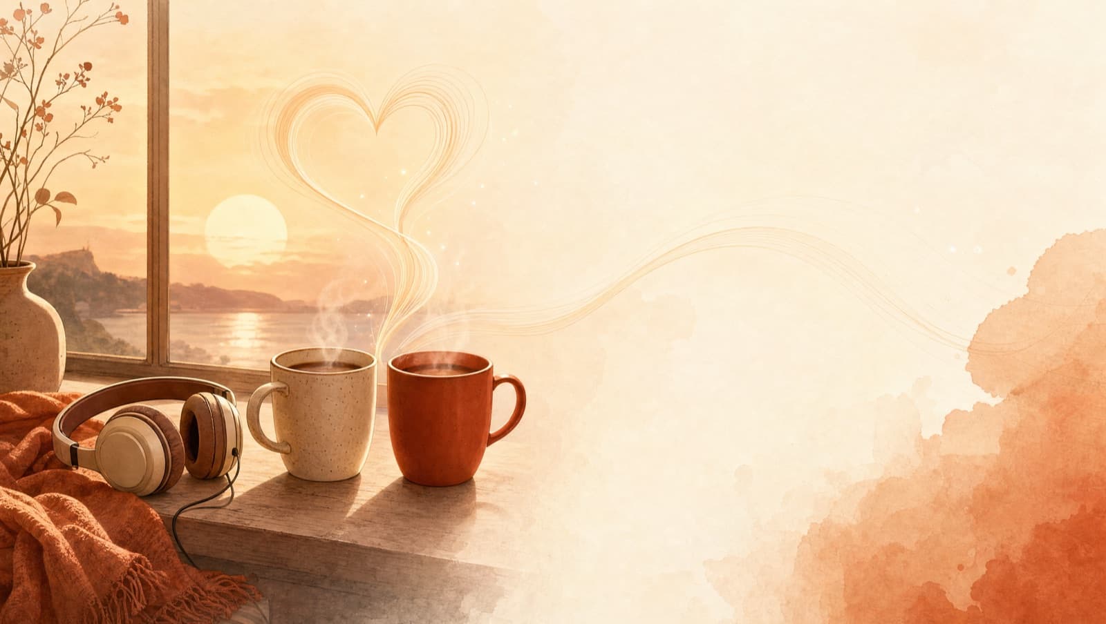 Two mugs on a sunset windowsill with headphones and a soft heart-shaped sound wave