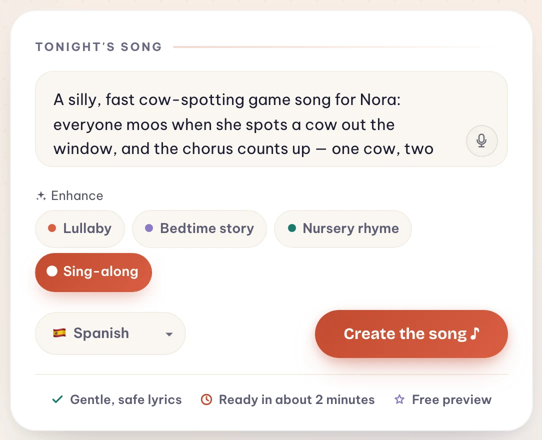 The Melodio Kids page with a cow-spotting game song description for Nora typed into the box and the Sing-along style selected