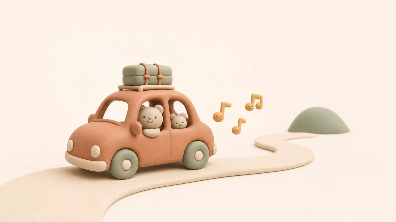 A cute rounded 3D toy-style family car on a winding ribbon road, tiny suitcase strapped to the roof and music notes trailing from the open windows, in warm cream and terracotta tones