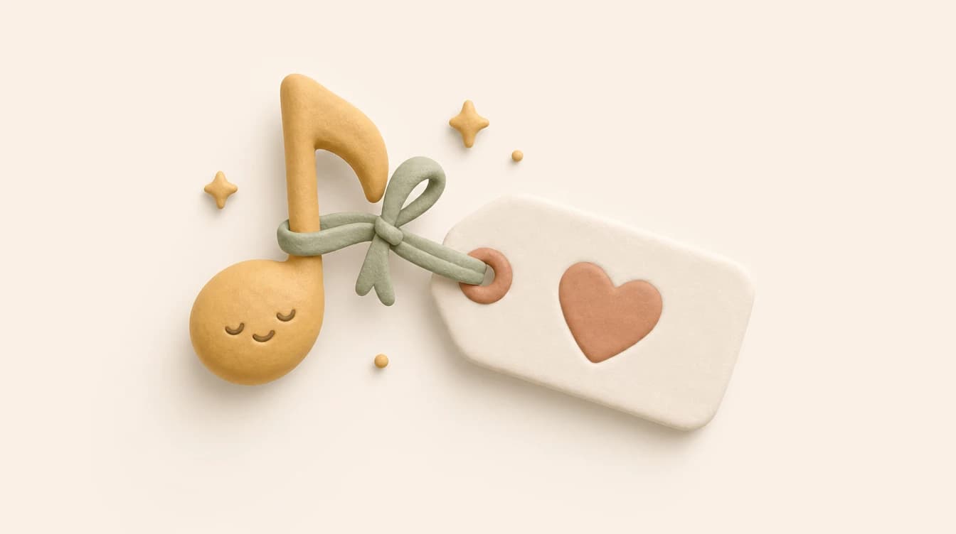 A clay gift tag with a heart hanging from a smiling golden music note on a sage ribbon, warm cream and terracotta tones