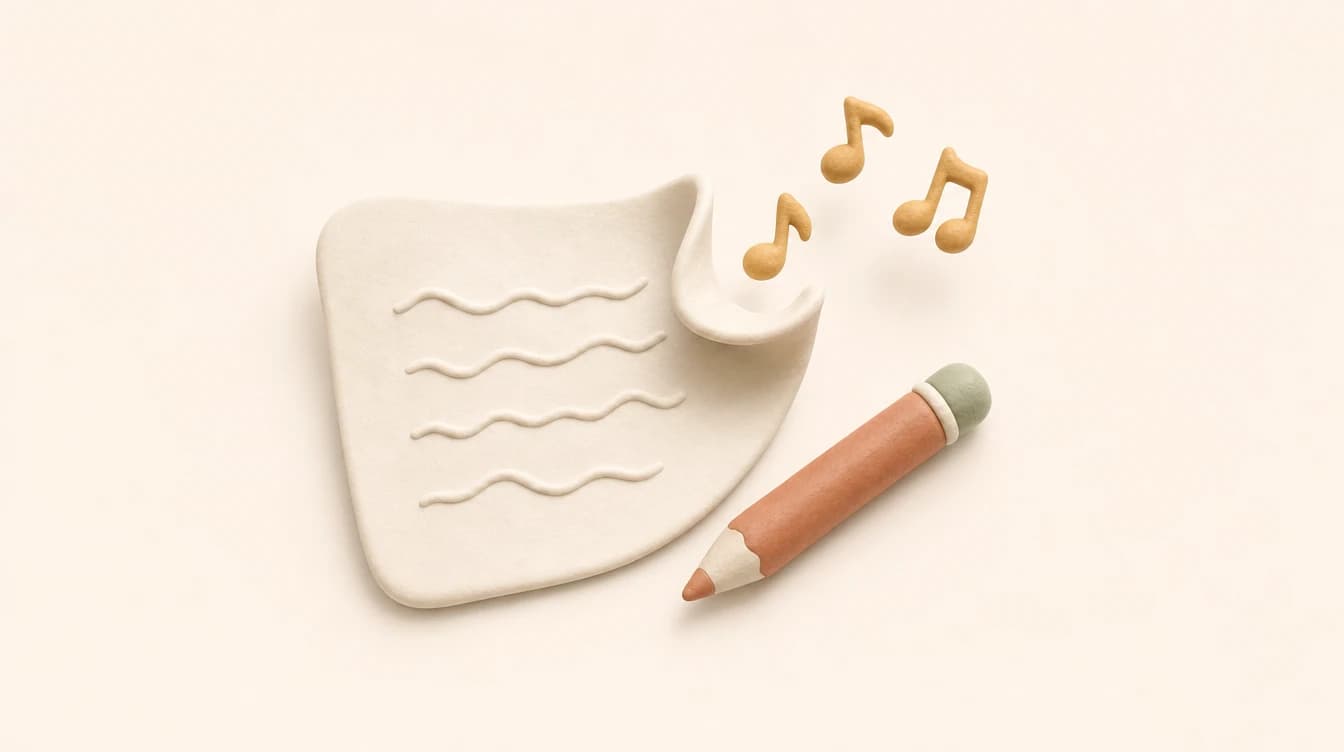 A clay sheet of handwritten paper curling into golden music notes with a terracotta pencil beside it, in warm cream tones