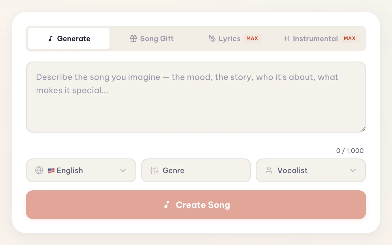 The Melodio song creator: mode tabs, description field, language, genre and vocalist pickers