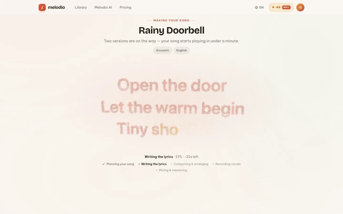The making-of screen: the song title, live lyric typewriter, and production stages