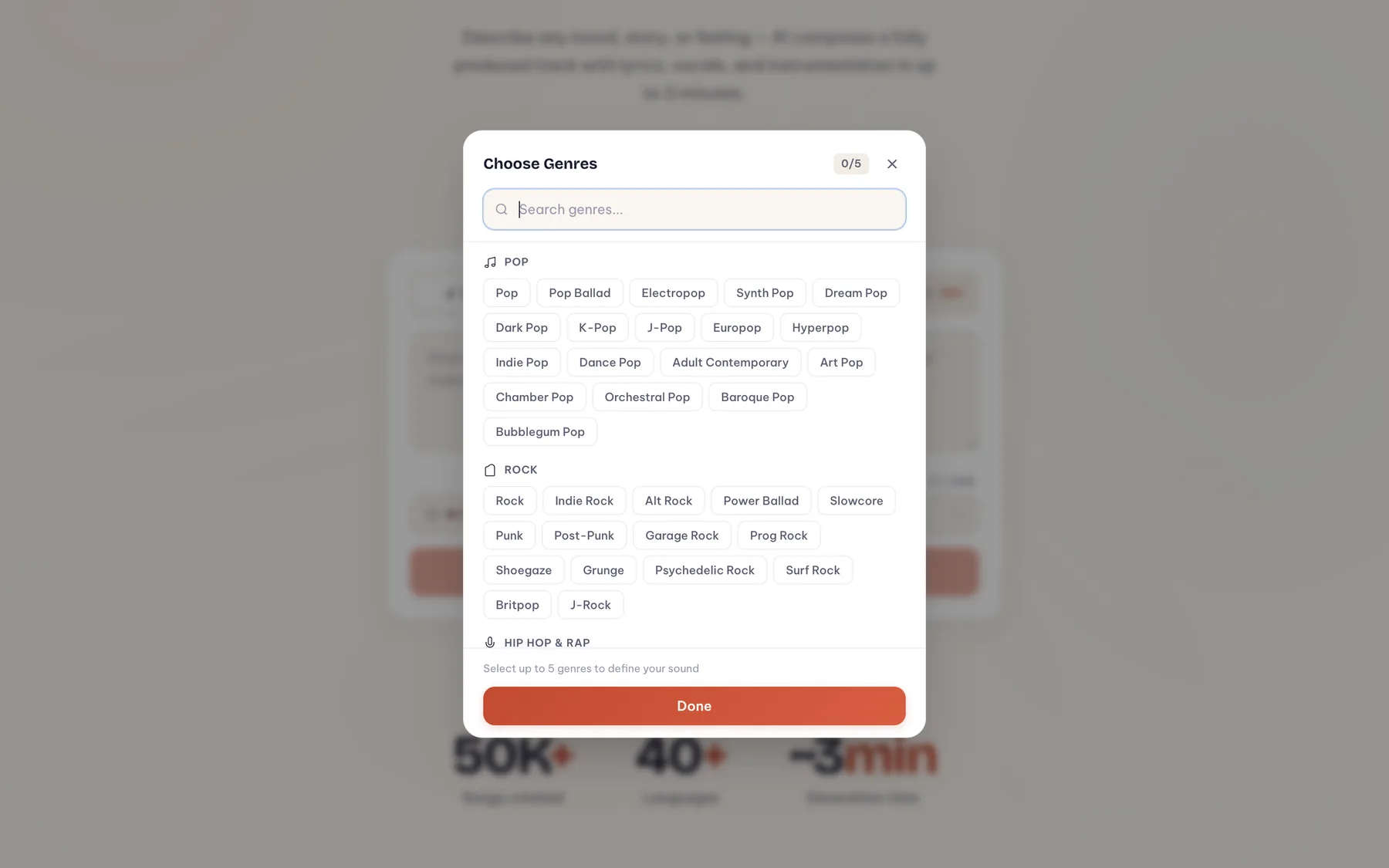 The genre picker modal with searchable categories and genre chips
