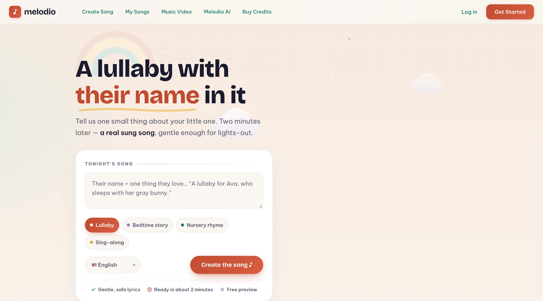 Melodio Kids landing page with the lullaby creator