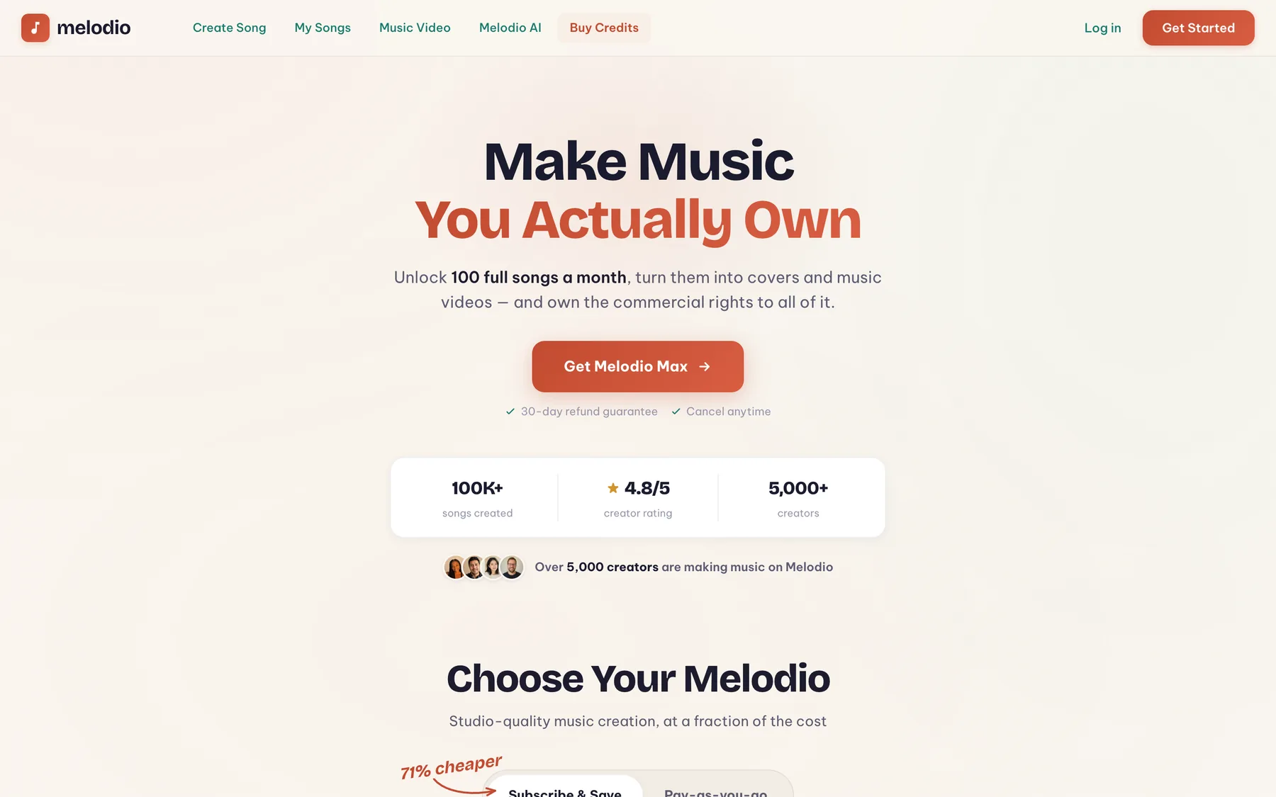Melodio pricing page with Max subscription and credit packs