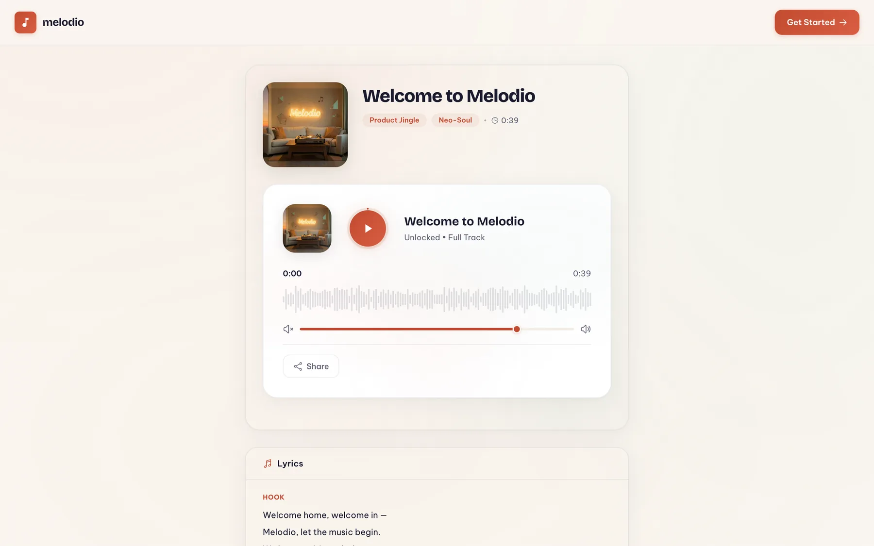A public Melodio song page playing “Welcome to Melodio” with waveform player and lyrics