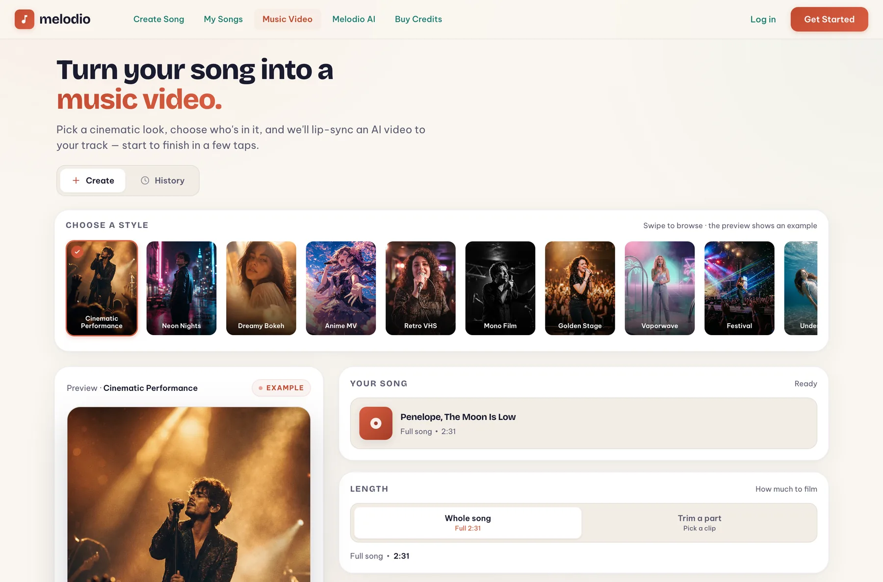 Music Video studio: style presets carousel, selected song, and length options