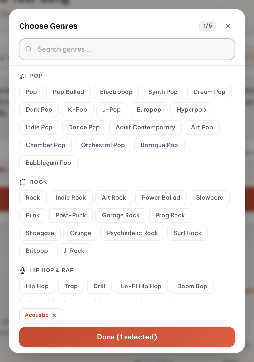Melodio's genre picker showing pop, rock, and hip-hop genres grouped by family with Acoustic selected
