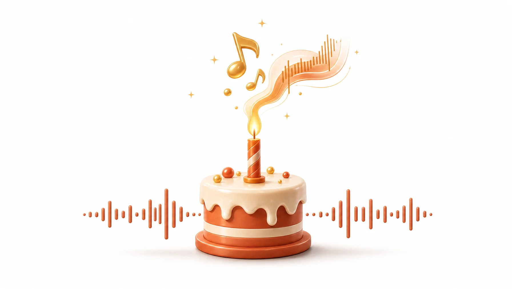 A 3D birthday cake with a lit candle whose flame turns into a golden music note and sound wave, in Melodio's warm illustration style