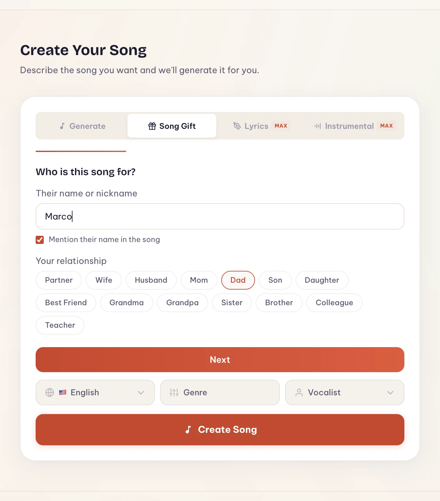 Melodio's Song Gift mode asking who the song is for, with a name entered and the relationship 'Dad' selected