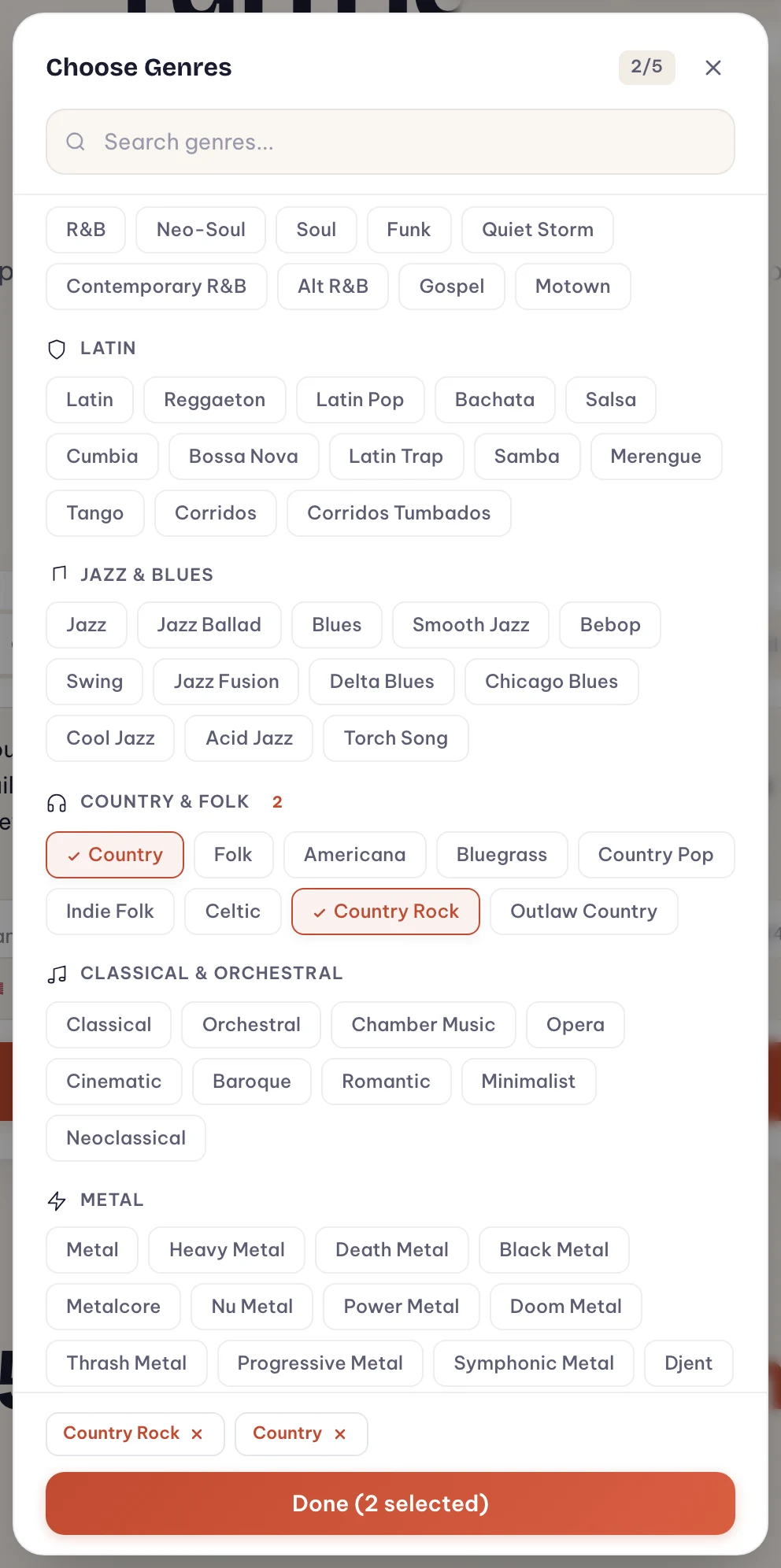 Melodio's genre picker with the Country & Folk section showing Country, Folk, Americana, Bluegrass, Country Pop, Indie Folk, Celtic, Country Rock and Outlaw Country — Country and Country Rock selected