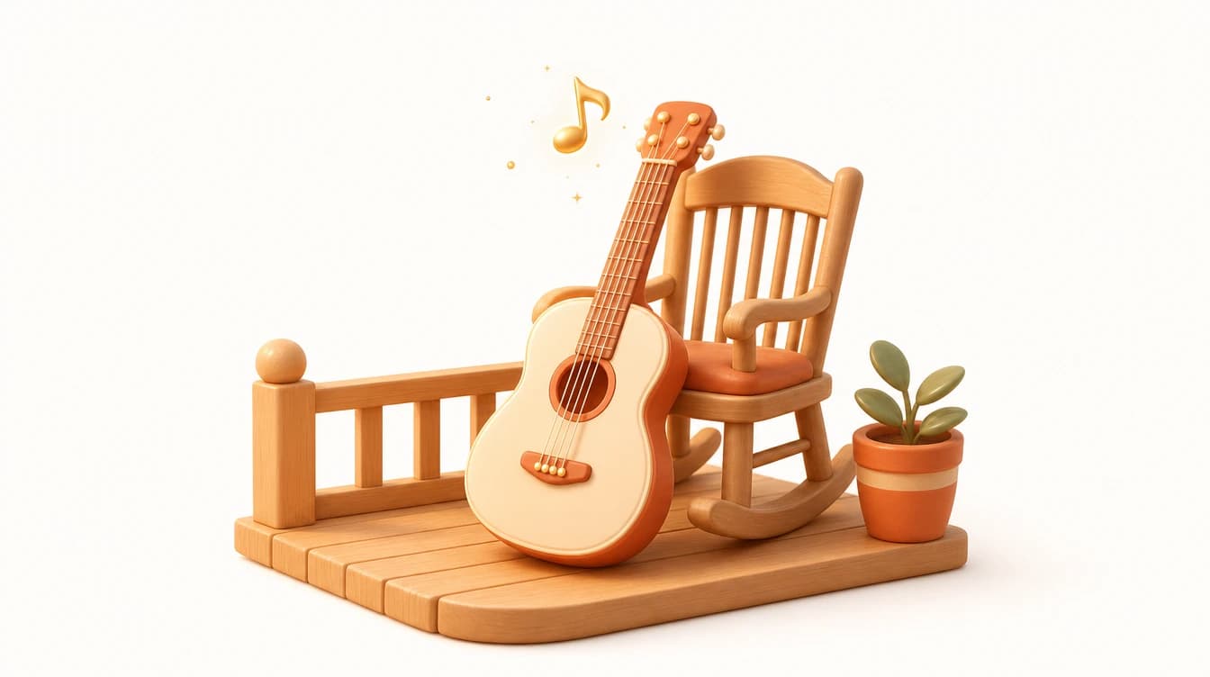 A warm 3D illustration of an acoustic guitar leaning against a rocking chair on a wooden porch at golden hour, with a single music-note firefly glowing above the strings