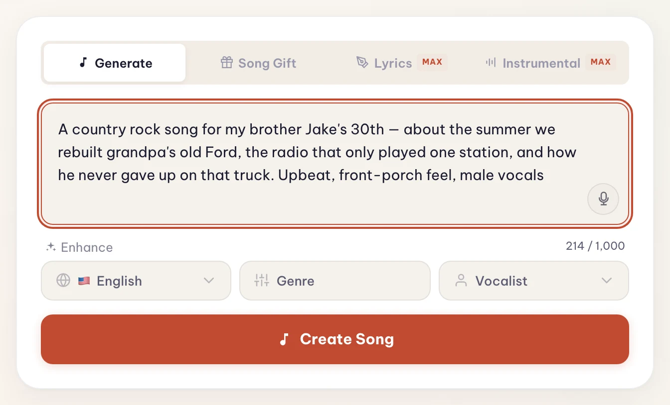 The Melodio create form with a country rock brief about rebuilding grandpa's old Ford typed in, showing the mic button for dictation and the Enhance link