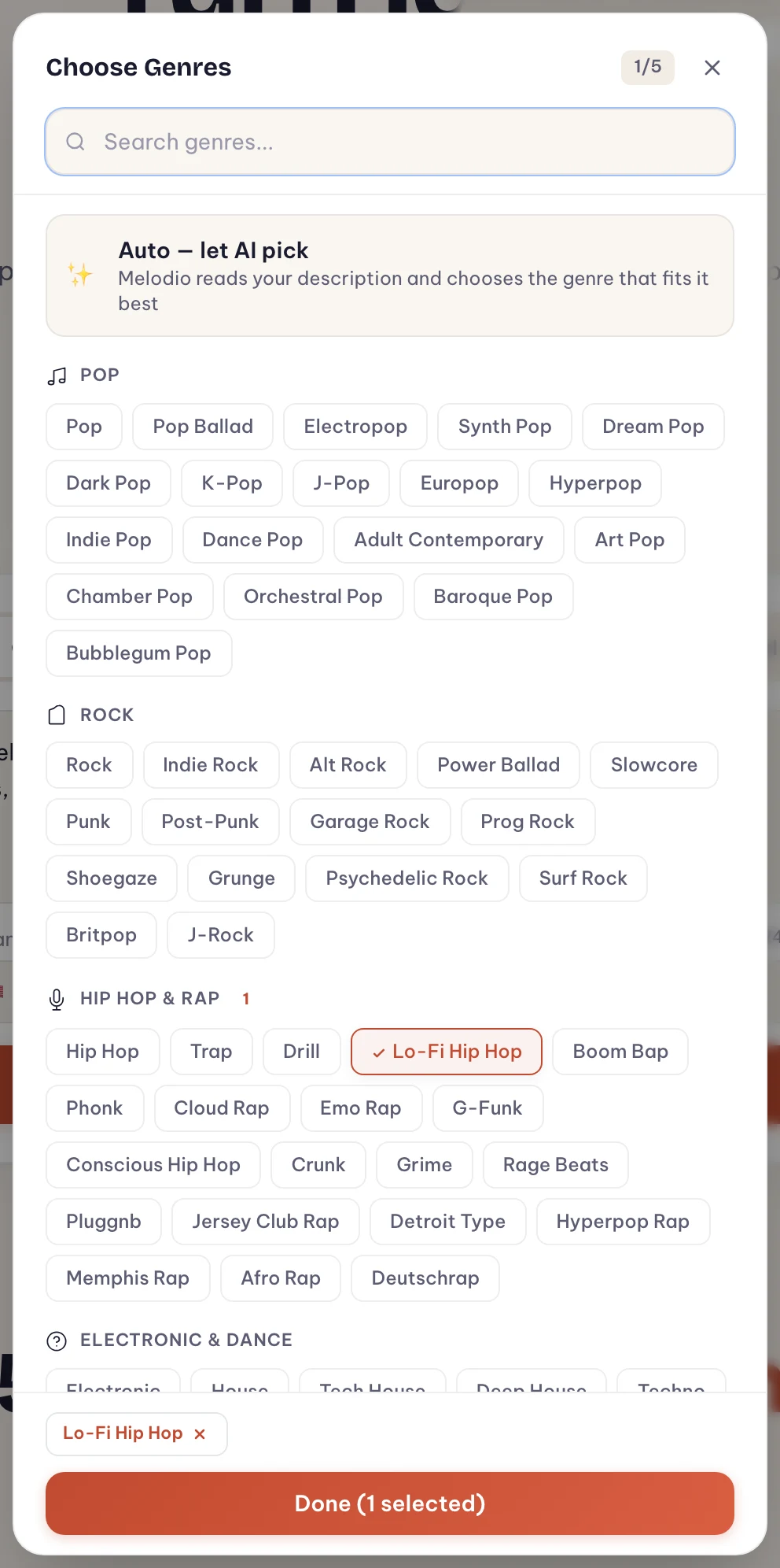 Melodio's genre picker showing the Auto option at the top and Lo-Fi Hip Hop selected in the Hip Hop & Rap section, with Pop, Rock and Electronic categories visible