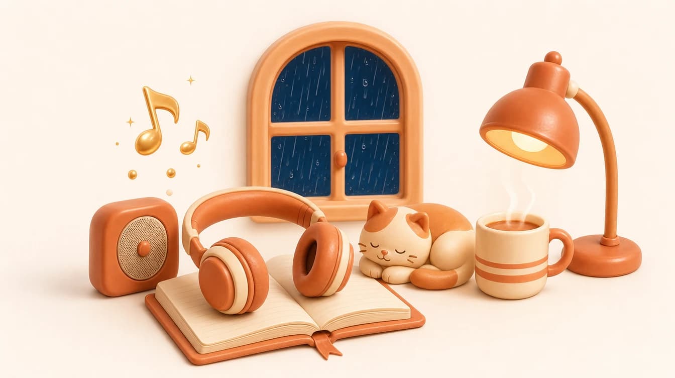 A warm 3D illustration of a cozy nighttime desk with headphones on an open notebook, a cat asleep beside a mug, rain on the window, and soft music notes drifting from a small speaker