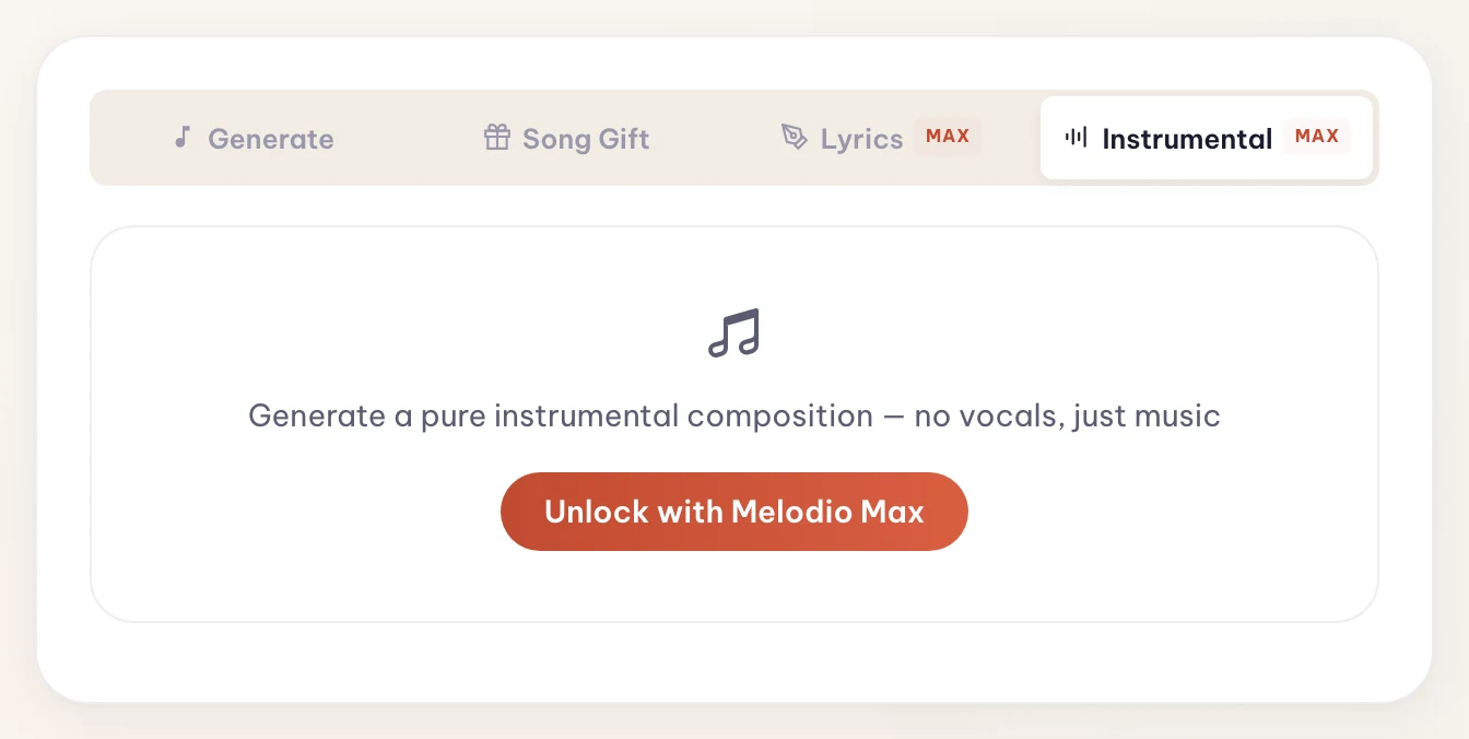 Melodio's Instrumental tab — generate a pure instrumental composition with no vocals, a Melodio Max feature
