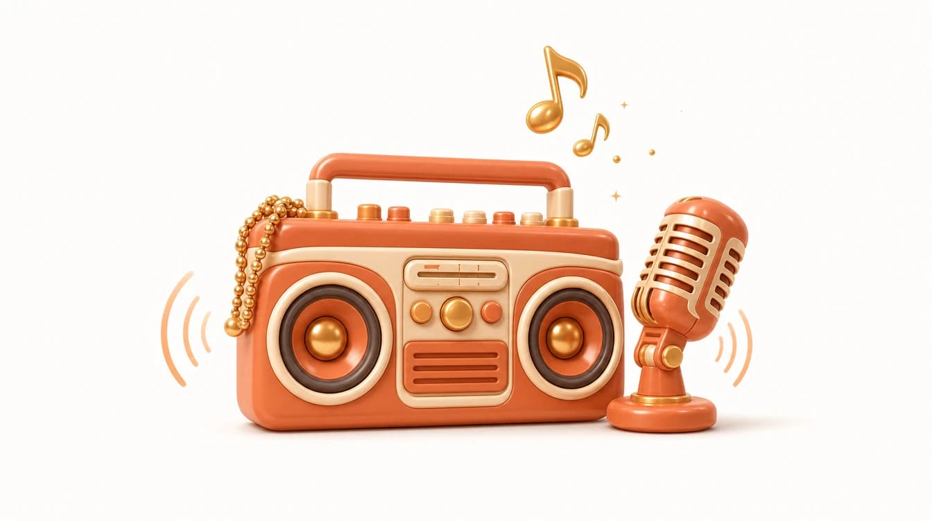 A warm 3D illustration of a chunky retro boombox wearing a gold chain, with a microphone and music notes floating around it in Melodio's cozy toy-like style