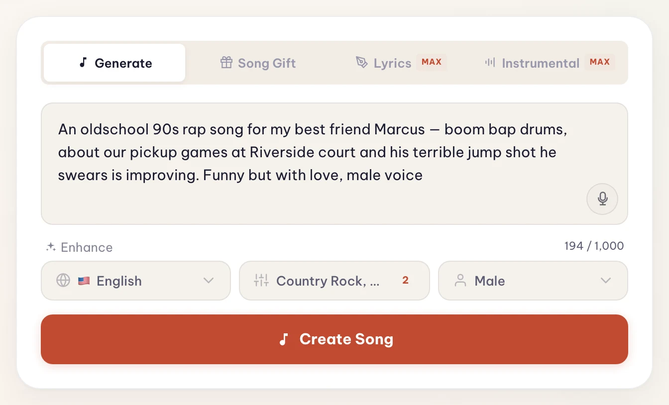 The Melodio create form with a 90s boom bap rap brief about pickup games at Riverside court, Male vocalist selected