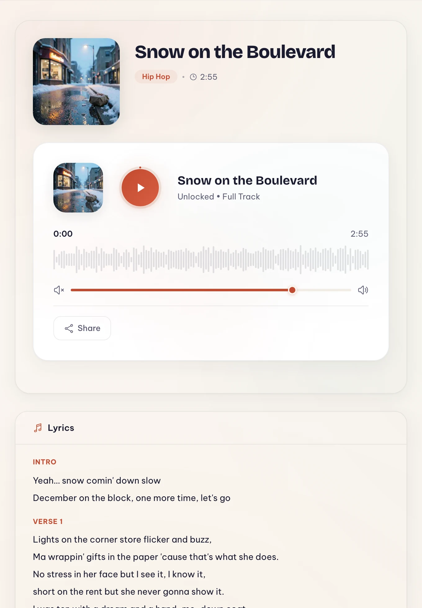 The finished song page for Snow on the Boulevard — a 90s boom bap rap track with a snowy street cover, full player and lyrics