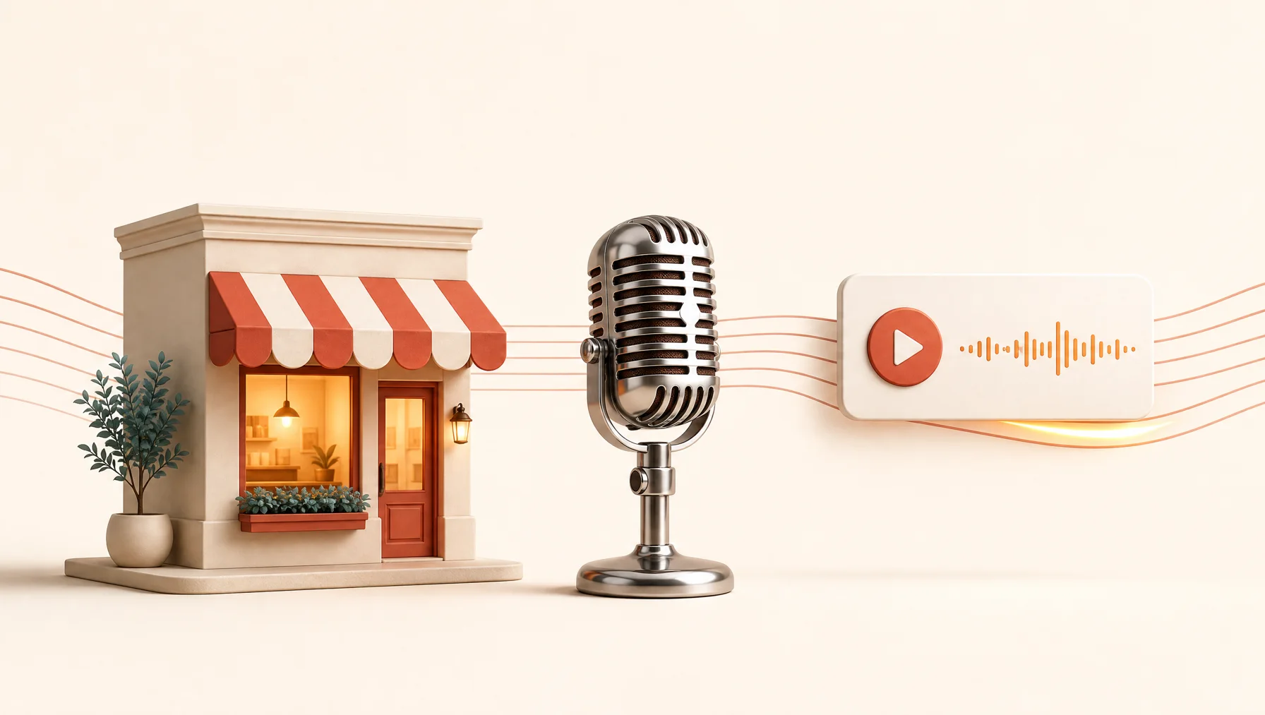 A storefront, a microphone and a music player card connected by a flowing warm sound wave in Melodio's illustration style