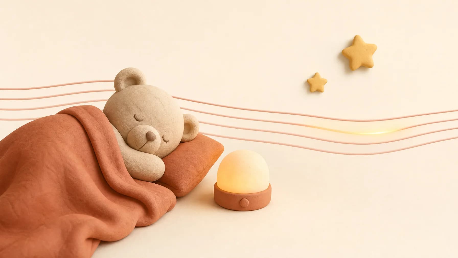 A sleepy clay-style teddy bear tucked under a terracotta blanket beside a glowing night light