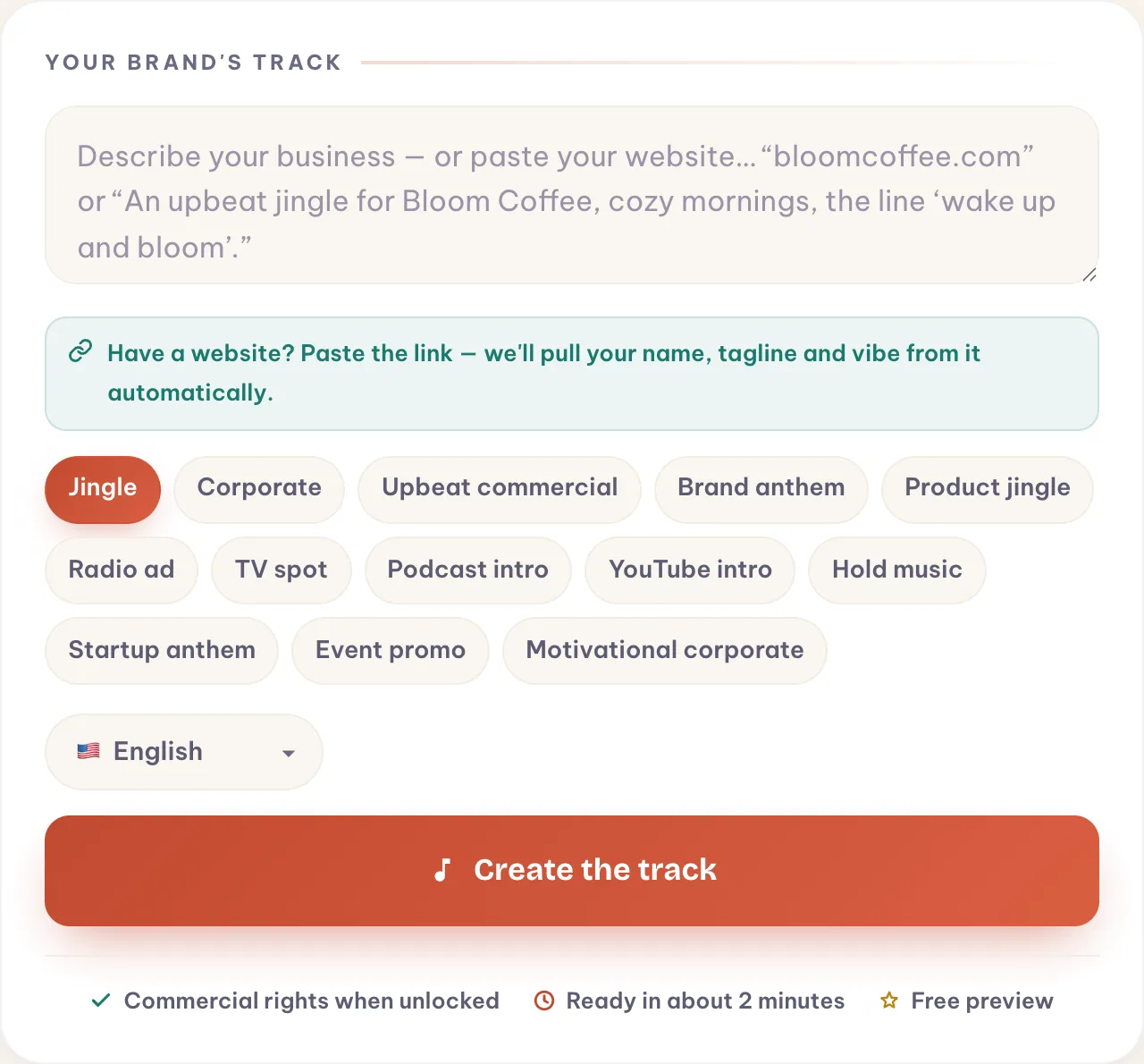 Melodio Business brief form with a description box, a website link hint, thirteen format chips like Jingle and Radio ad, and a Create the track button