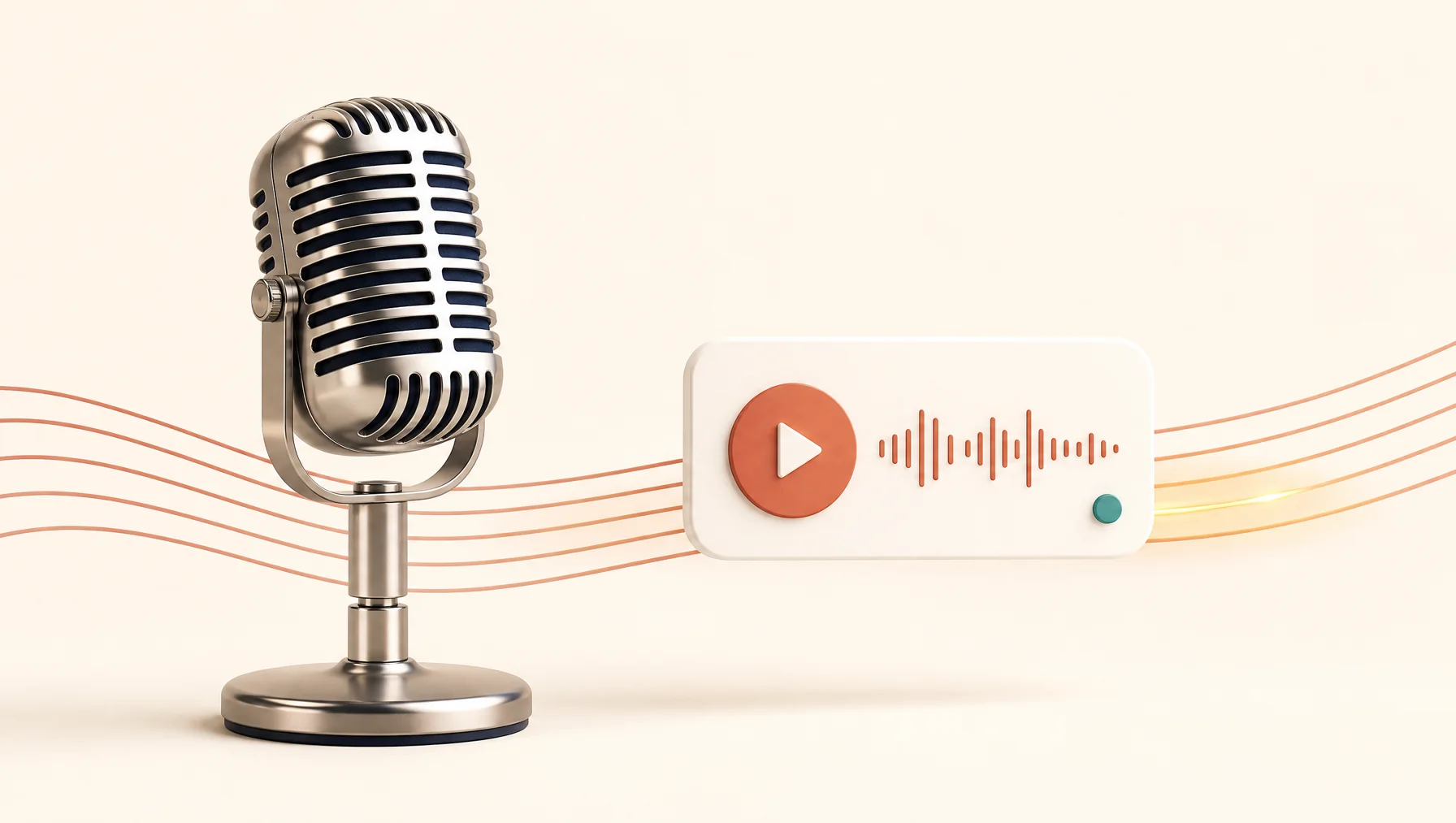 A retro chrome microphone in front of a small jingle player card on a warm cream background with flowing sound lines