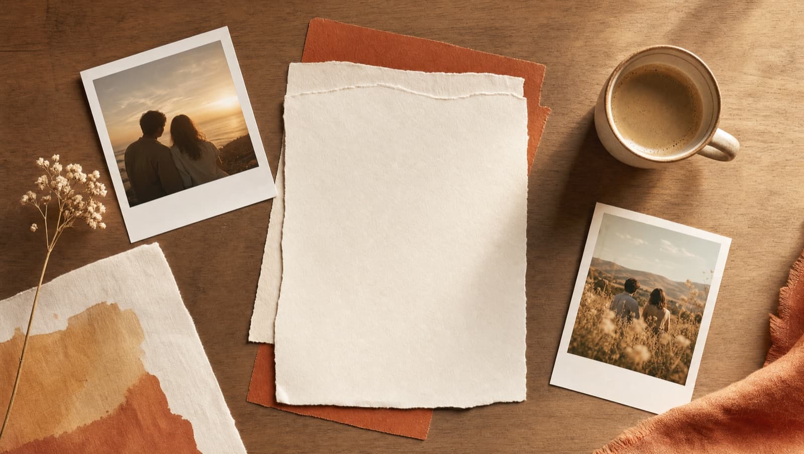 A flat lay of handwritten notes, photos and a dried flower — gathering memories for a song