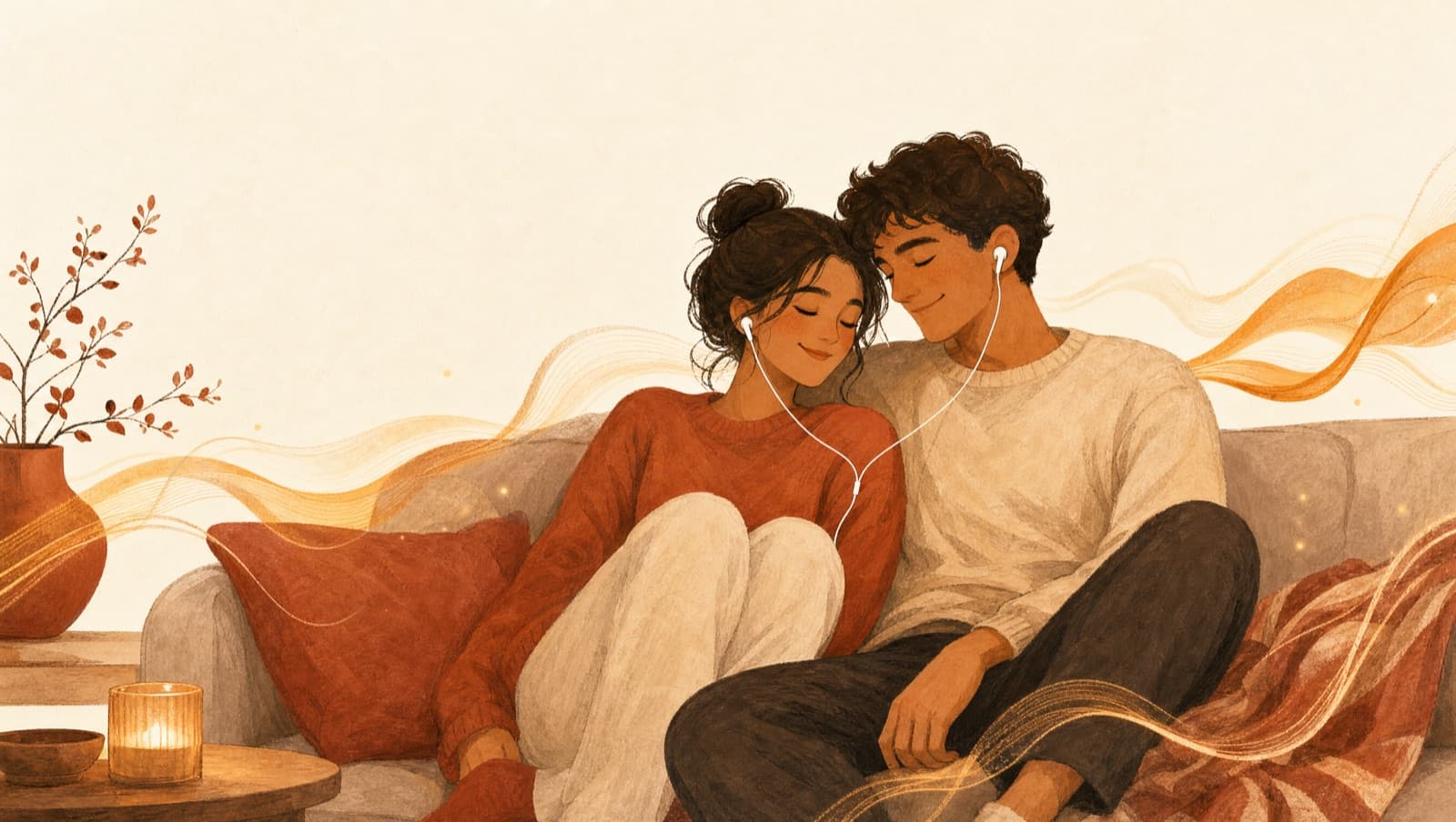 A couple sharing earbuds on a sofa, listening to a song together