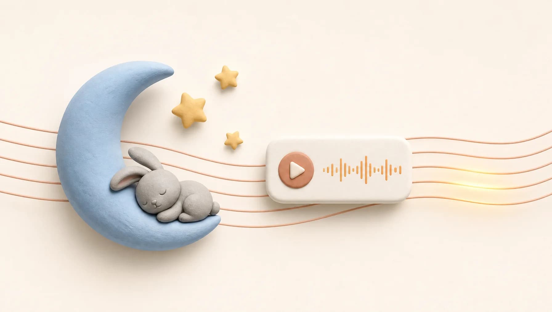 A soft clay-style crescent moon and stars floating above a crib mobile in warm cream and terracotta tones