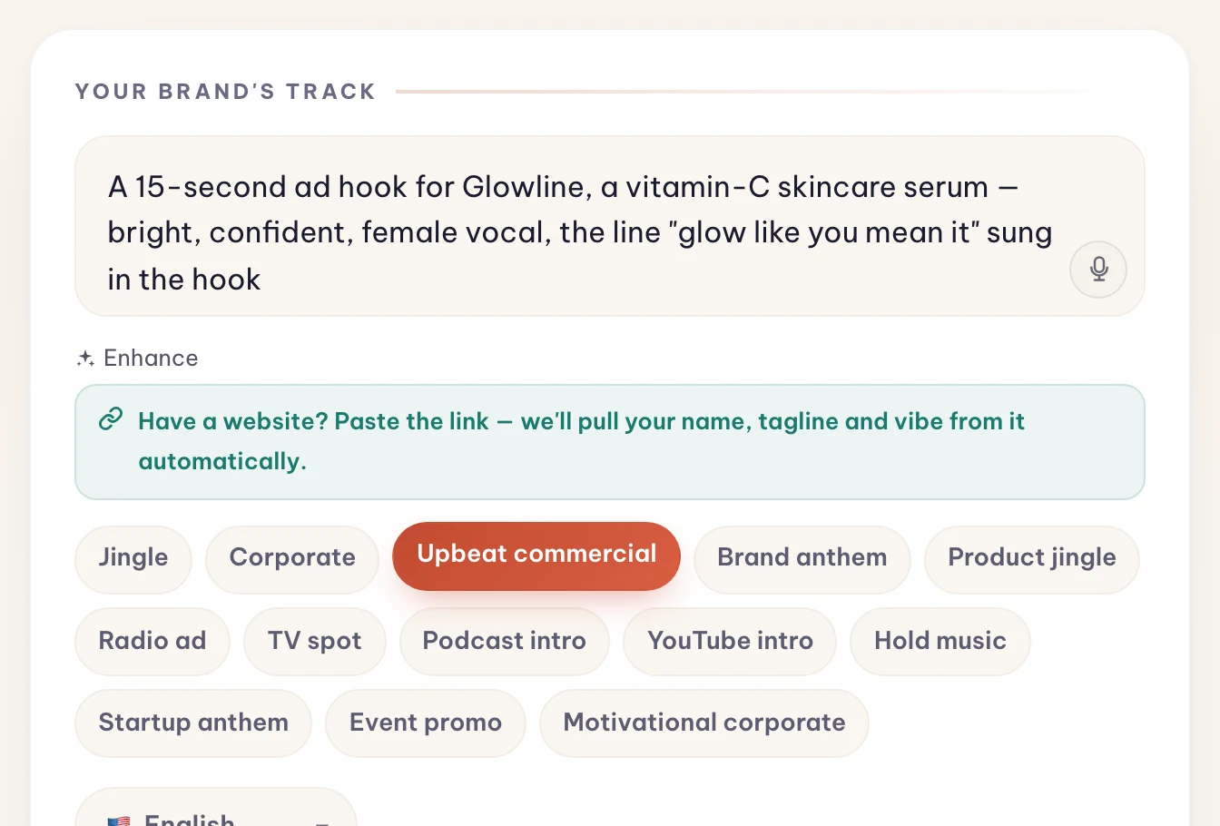 The Melodio Business brief box filled with an ad brief for a skincare serum, a paste-your-website hint, and thirteen format chips with Upbeat commercial selected