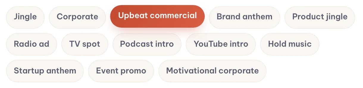 Thirteen ad music format chips: Jingle, Corporate, Upbeat commercial, Brand anthem, Product jingle, Radio ad, TV spot, Podcast intro, YouTube intro, Hold music, Startup anthem, Event promo, Motivational corporate