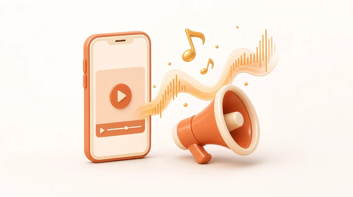 A warm 3D illustration of a smartphone playing a video ad next to a glossy megaphone, with musical notes and a soft waveform ribbon curling across a cream background